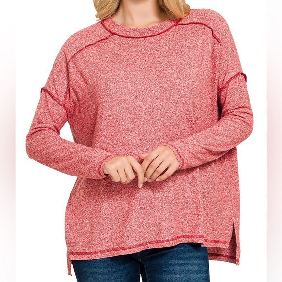 Zenana Outfitters Tops - Zenana Dk Red Soft Melange Hacci Exposed Seam Hi-Low Tee